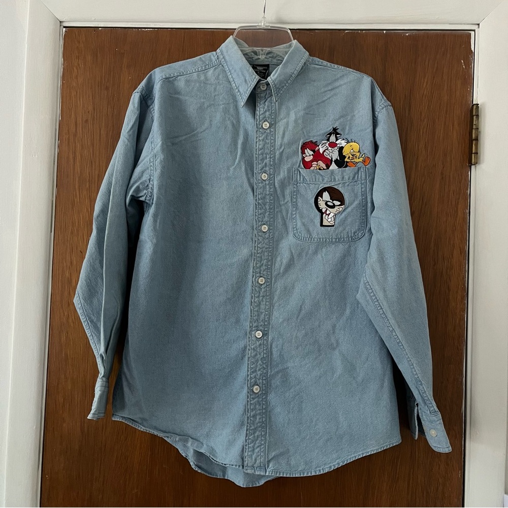 Warner Bros. Studio Store Vintage Medium Blue Unisex Denim Button Down Shirt - Picture 8 of 8